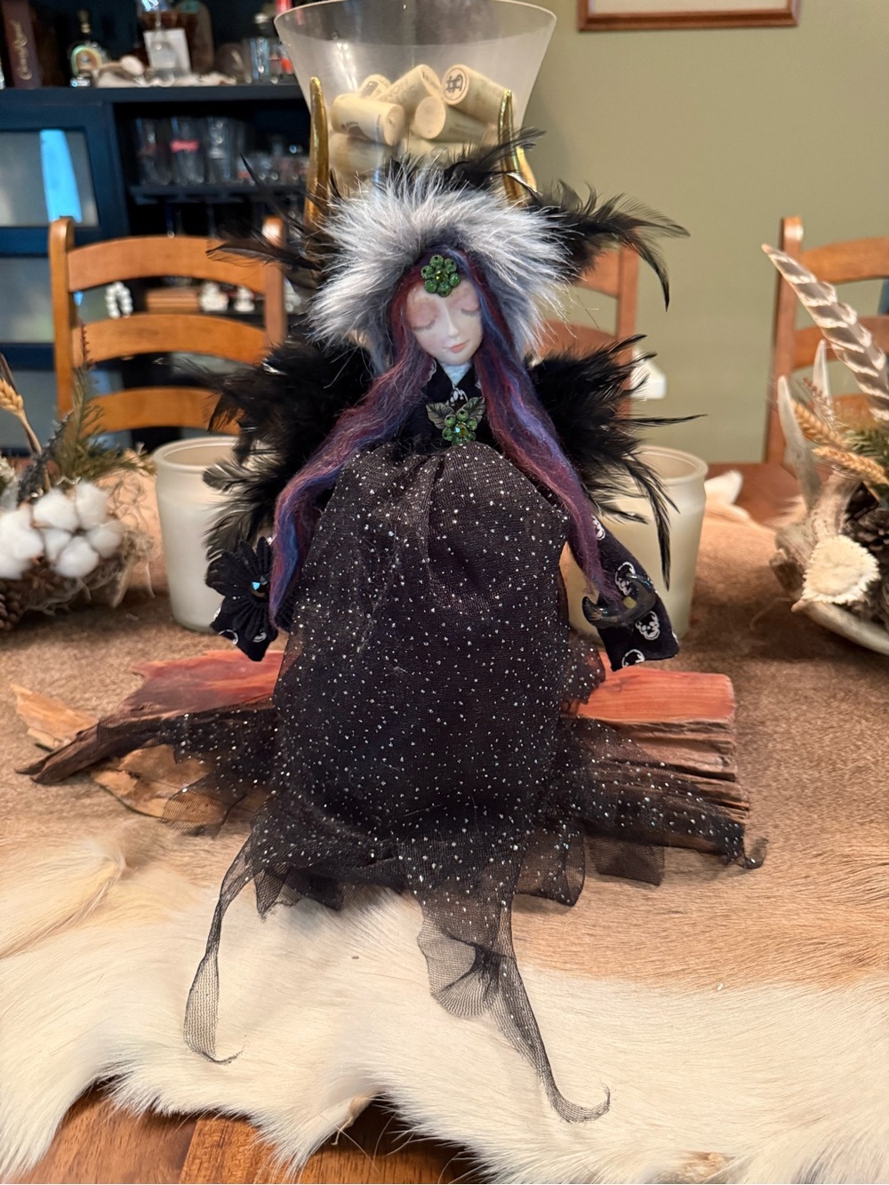 Handcrafted Gothic Fairy Doll in Black with Fur Hood